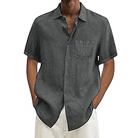 Casual Solid Pocketed Linen Cuban Shirts for Men Cotton Loose Fit Short Sleeve Button Down Summer Beach Guayabera Tops