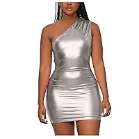 Women's Sexy Metallic One Shoulder Mini Dress Shiny Sleeveless Ruched Bodycon Dresses for Party Club Cocktail