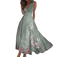 Sundresses for Women,2024 Spring Summer Elegant Wrap V Neck Sleeveless Maxi Dress,Trendy Boho Floral Print Flowy Beach Dress