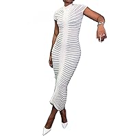 Vaceky Long Crochet Dress Women Sexy Mock Neck Cap Sleeve See Through Bodycon High Low Midi Sheer Dresses