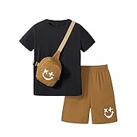 Boy's 3 Piece Cartoon Graphic Short Sleeve Round Neck Pullover Tee Top and Track Shorts with Bag Sets