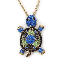 Light Green, Sapphire, Dark Blue Diamante Turtle Pendant With Long Gold Tone Chain - 70cm Length/ 5cm Extension