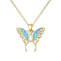 SISGEM 14K Real Gold Butterfly Necklace with Blue Opal for Women Teen Girls,Yellow Gold Butterfly Pendant Necklace Dainty Filigree Butterfly Jewelry Gifts for Birthday Christmas 16+1+1 inch