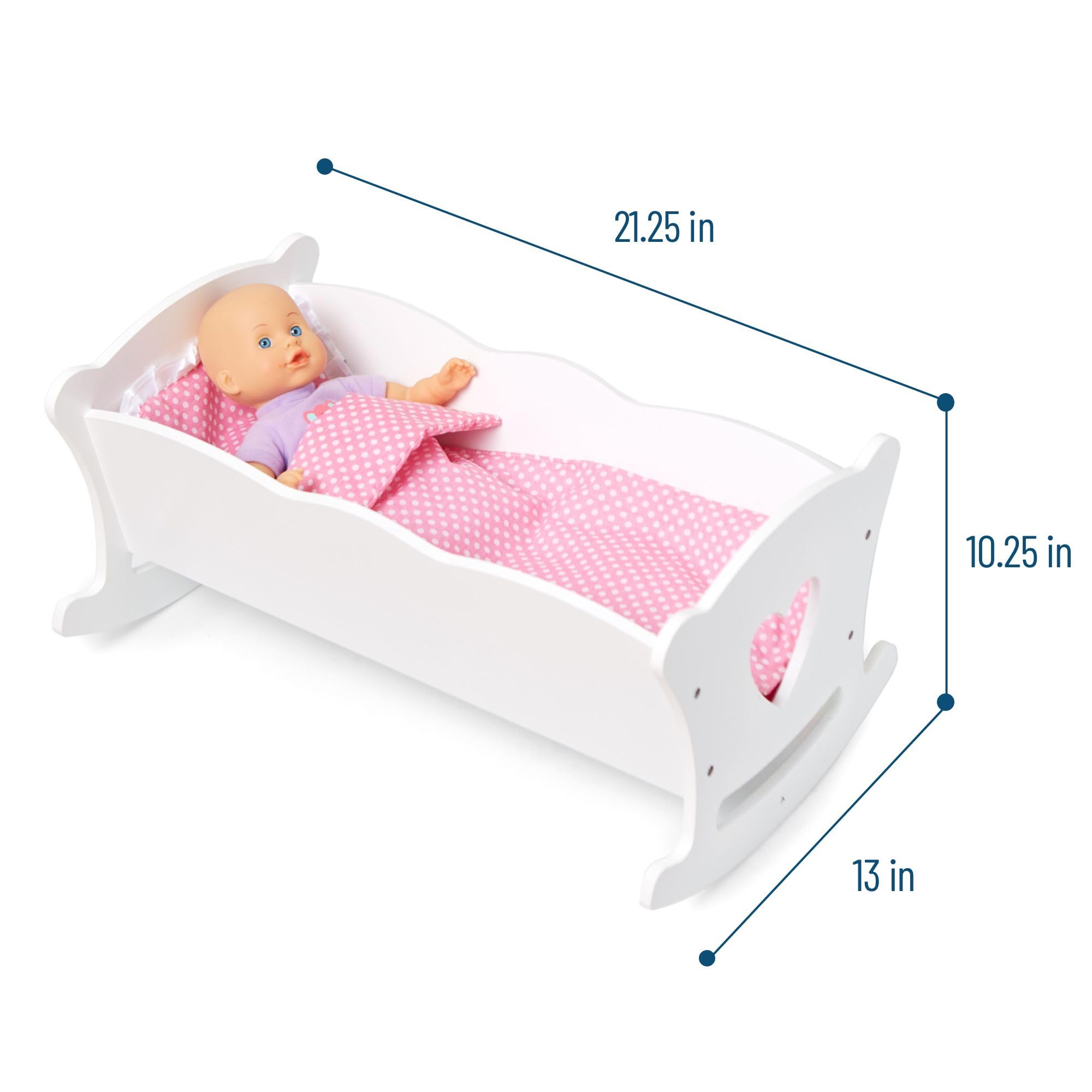 Wildkin Kids Doll Cradle and Bedding Set for Toddler Girls, Wooden Baby Doll Rocking Cradle Includes Pillow and Blanket, Fits Dolls Up To 20 Inches, Compatible with Most Popular Dolls (White)