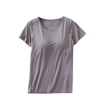 Tops with Built in Bra for Women, Casual Short Sleeve with Chest Pad Shirt Pajamas Without Steel Ring Bra Cups Camisole