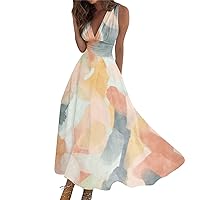 Maxi Dresses for Women 2024 Flowy Dresses for Women Summer Sleeveless V Neck Boho Waist Retraction Printed Dress, S-3XL
