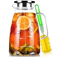 Aofmee Glass Pitcher, 68oz Water Pitcher with Lid and Precise Scale Line, 18/8 Stainless Steel Iced Tea Easy Clean Heat Resistant Borosilicate Jug for Juice, Milk, Cold or Hot Beverages