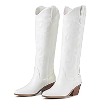 Cowboy Boots For Women -Wide Calf Knee High Cowgirl Boots Botas Vaqueras Para Mujer Classic Embroidered Slip On Pointed Toe Thick Heel western Tall Boots Great For Country Concerts and Parties