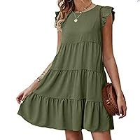 Summer Dresses for Women 2024 Fashion Crewneck Ruffle Cap Sleeve Tiered Flowy Dress Casual Loose Sundress Mini Dress