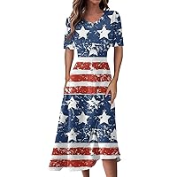 American Flag Dress Women 4th of July Patriotic USA Stars Stripes Dresses Sexy V- Neck Summer Short Sleeves Beach Dress