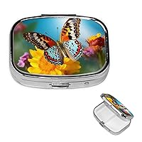 Pill Box 3 Compartment Square Small Pill Case Travel Pillbox for Purse Pocket Beautiful Summer Butterfly Metal Medicine Organizer Portable Pill Container Holder to Hold Vitamins Medication Supplements