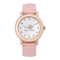 Argentine Flag Football Womens Watch Round Printed Dial Pink Leather Band Fashion Wrist Watches