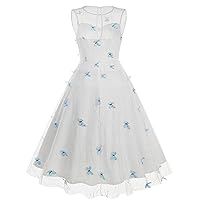 ODIZLI Women's 1950s Retro Vintage Dress Sleeveless Round Neck Heart Print Embroidery Mesh Swing Dress