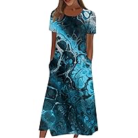 Holiday Birthday Horror Dress Womans Mid Length Short Sleeve Print Pocket for Women Softest Crewneck Cotton Blue 3XL