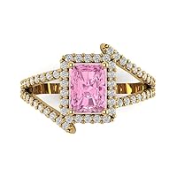 Clara Pucci 2.04ct Emerald Cut Solitaire Halo Criss Cross Pink Simulated Diamond Designer Wedding Anniversary Bridal Ring 14k Yellow Gold