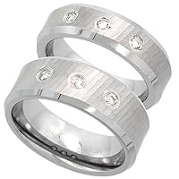 Sabrina Silver 2-Ring Set 6 & 8mm Tungsten 3 Stone Diamond Wedding Ring Diamond Cut Beveled Comfort fitsizes 5-13