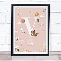 The Card Zoo Baby Birth Details Nursery Christening Woodland Animals Pink Initial V Print