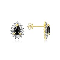 Yellow Gold Plated Sterling Silver Halo Stud Earrings - Pear Shape Onyx & Sparkling Diamonds - 6x4mm - [Month] Birthstone Jewelry for Women & Girls, Elegant, Fashion, Gift, Anniversary, by Rylos
