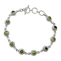 NOVICA Handmade Peridot Link Bracelet .925 Sterling Silver Composite Turquoise Reconstituted Green India Flash Floral Birthstone [7.75 in min L x 8.75 in max L 8 mm W] 'Petite Flowers'