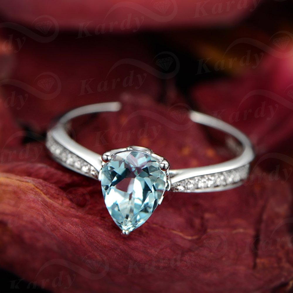 Unique Women's Jewelry Solid 14K White Gold Natural Aquamarine Diamond Engagement Promise Wedding Ring Set