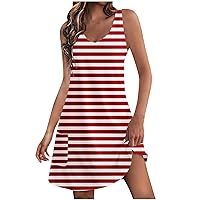 Women Casual Summer Striped Sundress, V Neck Loose Tank Dresses, Beach Vacation Daily Sleeveless Dress with Pockets