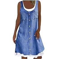 Sundresses for Women 2024 Plus Size Casual Fake Two Piece Summer Dresses Fashion Loose Sleeveless Flowy Tshirt Dress