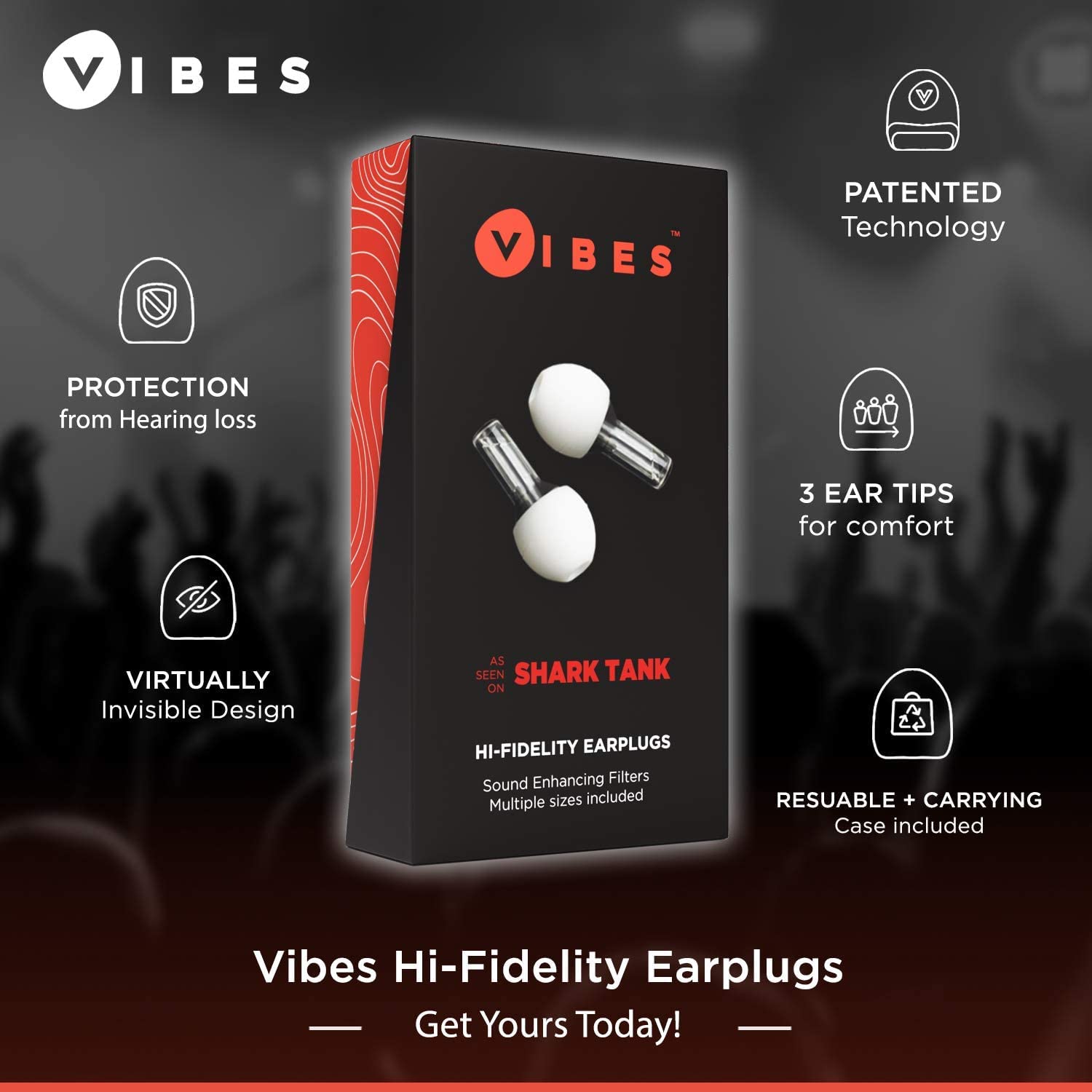 VIBES High Fidelity Ear Plugs and Keychain Case - Invisible, Clear, Noise Reduction Ear Plugs for Concerts, Musicians, Sensory Sensitivity, Motorcycles, Airplanes, Focus - Tips in S, M, L
