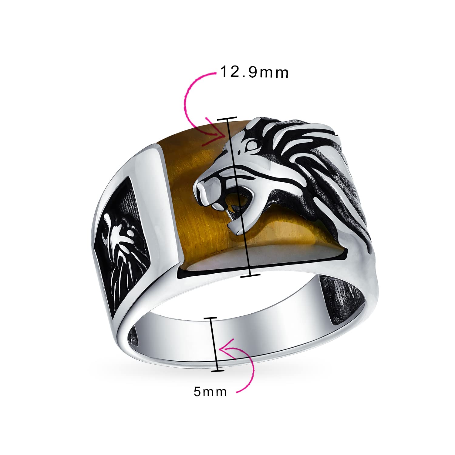 Men's Gemstone Large Roaring Black Onyx Brown Tiger Eye Lion Head Ring For Men Solid Oxidized .925 Sterling Silver Handmade In Turkey