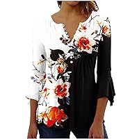 SMIDOW Tunic Tops for Women Loose Fit Spring Henley v Neck Shirt 3/4 Bell Sleeve Bohemian Floral Print t-Shirt Blouse Trendy