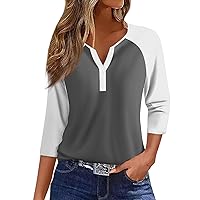Summer Tops for Women 2024,Trendy 3/4 Sleeve V-Neck Tops,Fashion Button Down Raglan Henley Casual Tops. ﻿