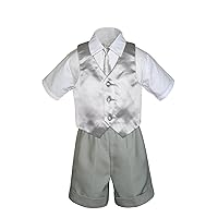 7pc Baby Boy Grey Formal Shorts Checked Suits Extra Vest Necktie Set S-4T