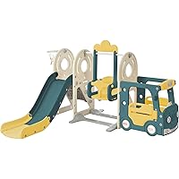Merax 5-in-1 Toddler Slide with Swing, Kids Slide Indoor with Bus Playhouse and Basketball Hoop, Outdoor Baby Slide for Toddlers 1+