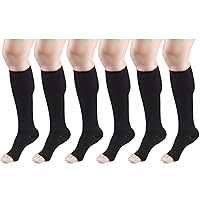 30-40 mmHg Compression Stockings for Men and Women, Knee High Length, Open Toe Black 3X-Large (6 Pairs)