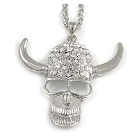 Diamante Skull With Horns Pendant Necklace in Silver Tone - 60cm Long