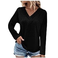 Long Sleeve Tunic Tops for Women Fashion Casual Solid Color Chest Panel Ruched Button V Neck Long Sleeve Ladies Top