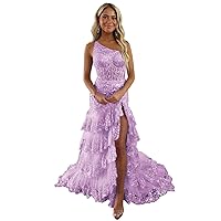 UZN One Shoulder Tiered Lace Tulle Prom Dress Long Split Mermaid Evening Formal Party Gowns