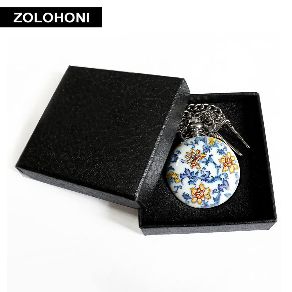 Zolohoni Pocket Watch Stainless Steel Mechanical Hand-Wind Retro Skeleton Dial Flowers with Chain for Womens