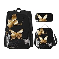 Gold White Butterflies Black 3 Pcs Print Backpack Sets Casual Daypack with Lunch Box Pencil Case for Women Men