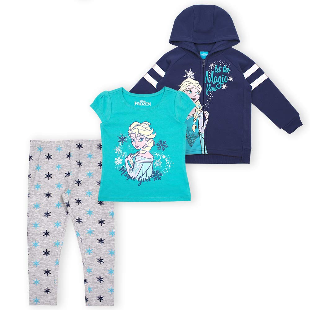 Disney Frozen Girls T-Shirt, Zip Up Hoodie and Legging Pants Set for Toddler and Little Kids – White/Grey/Navy/Blue