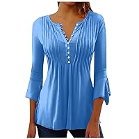 Women 2023 Summer Pleat Button V Neck Shirt Pullover Tops 3/4 Petal Sleeve Casual T Shirts Printed Basic Blouse