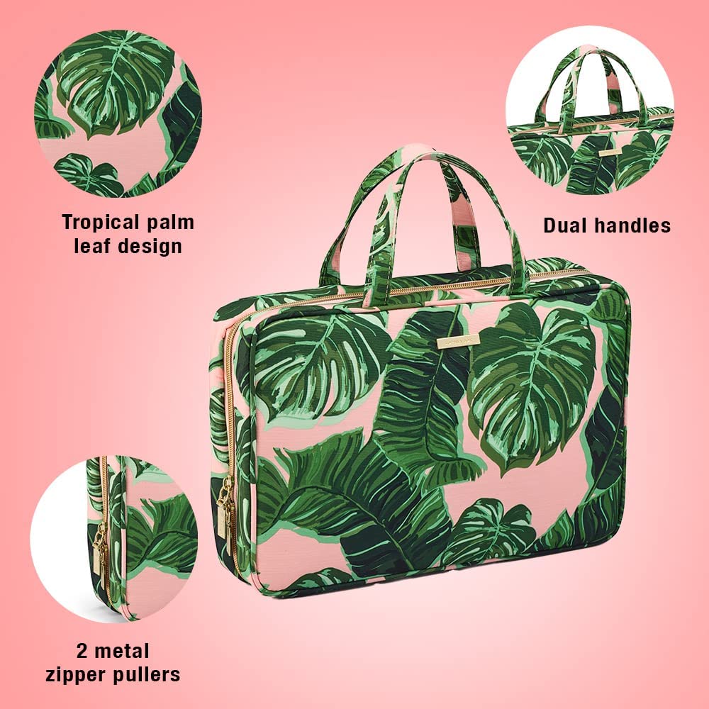 Conair Travel Makeup Bag, Large Toiletry and Cosmetic Bag with Internal Organizer, Perfect for Weekend Getaways or Long Vacations, Weekender Shape in Pink Palm Print