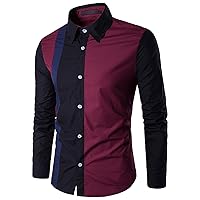 Men Fit Button Up Dress Shirt Stitching Slim Collar Long Sleeve Shirt Block Color Stylish Casual Business Shirt