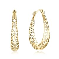 Vintage Filigree 925 Sterling Silver Oval Small Hoop Earrings for Women Girls Fashion Hollow-out Texture Flower Dainty Teardrop Huggie Hoops Hypoallergenic Click Top Pierced Trendy Jewelry Christmas Gifts Birthday