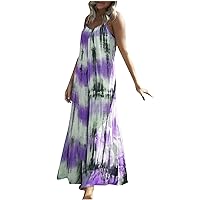 Summer Women's Fahion Gradient Tie Dye Cami Dress Sleeveless V Neck Casual Loose Plus Size Maxi Dresses for Vacation