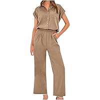 Summer Button Down Sets Women Solid 2 Piece Outfits Cuffed Short Sleeve Shirts Straight Leg Pant Matching Tracksuit