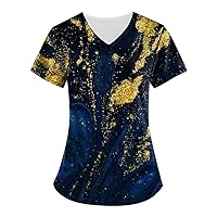 Womens V-Neck Lightweight Blouse Carer Uniform T Shirt Casual Short Sleeve Tees Workwear Print Top with Pockets
