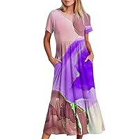 Womens Short Sleeve Dress Dress for Women Crew Neck Beach Hawaiian Pleated Maxi Long Summer Fall Dress 2024