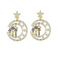 CZ Earrings Star and Moon Hanging Earrings Ms. Little Cute House Fang Jingli Jewelry Fashion Earrings (Color : Gold, Size : 23.5mm)