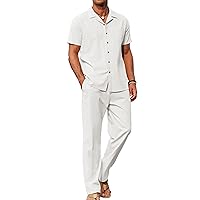 COOFANDY Men 2 Piece Linen Outfit Beach Button Down Shirt Casual Loose Pant Sets