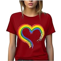 Rainbow Love Heart T-Shirt for Women Funny Graphic Tees 2024 Casual Short Sleeve Valentine's Day Shirts Lover Gift